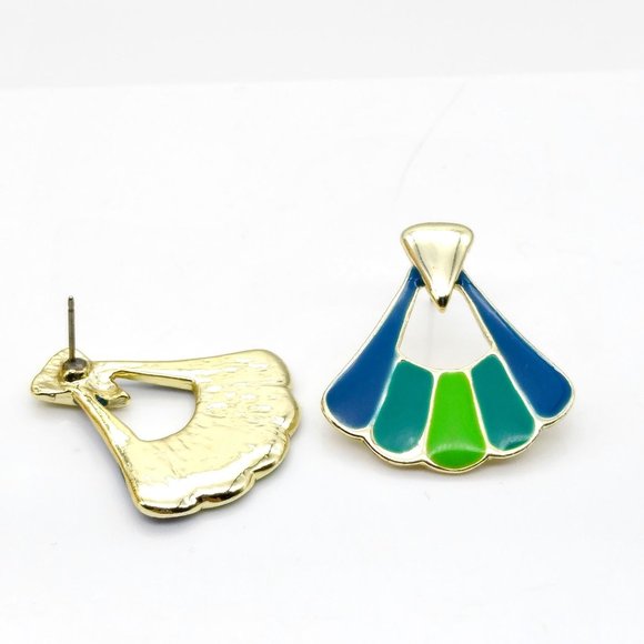 Chic Blue and Green Fan Earrings, Vintage Gold Tone with Retro Flair - Picture 5 of 5